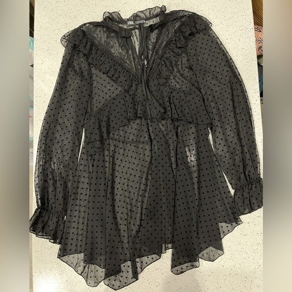 Zara Black Dotted Mesh Dress with Ruffles | Small - Picture 4 of 10